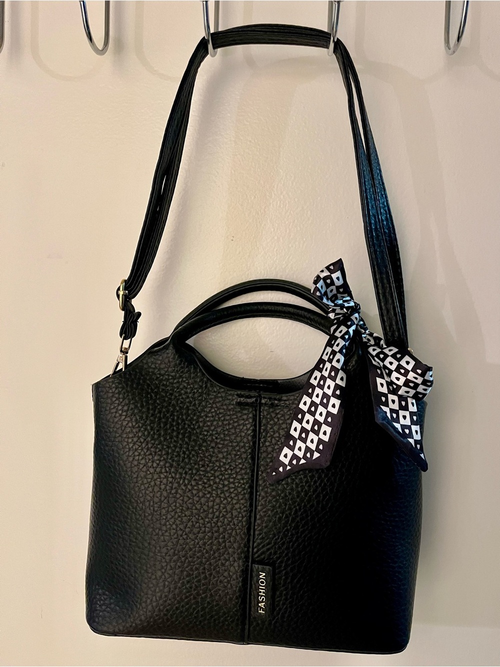 Classic Black Top-Handle Tote Bag with Scarf Accent